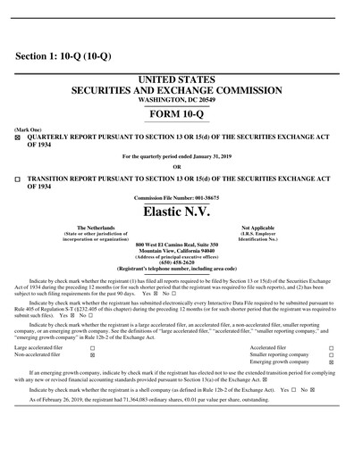 Thumbnail Elastic NV
 Quarterly Report fy2019-q3