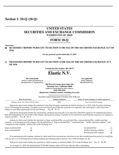 Thumbnail Elastic NV
 Quarterly Report fy2020-q1