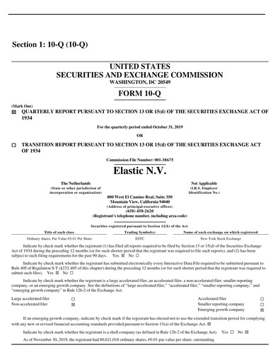Thumbnail Elastic NV
 Quarterly Report fy2020-q2