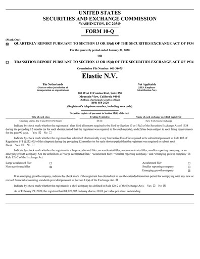 Thumbnail Elastic NV
 Quarterly Report fy2020-q3