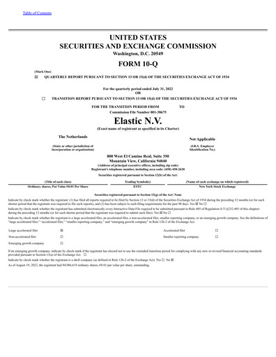 Thumbnail Elastic NV
 Quarterly Report fy2023-q1