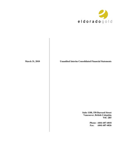 Thumbnail Eldorado Gold
 Quarterly Report 2010-q1