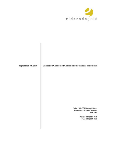 Thumbnail Eldorado Gold
 Quarterly Report 2016-q3