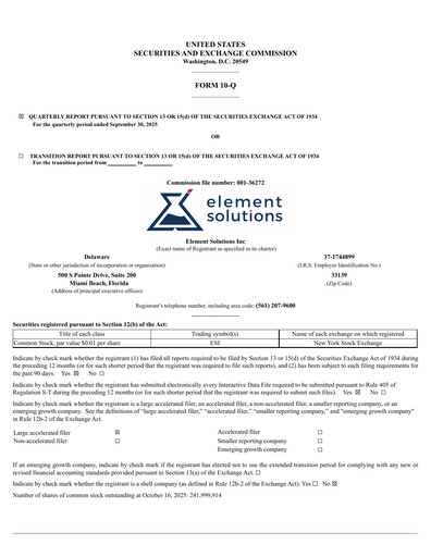 Thumbnail Element Solutions Quarterly Report 2025-q3