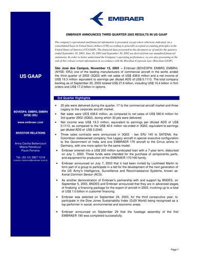 Thumbnail Embraer Quarterly Report 2003-q3