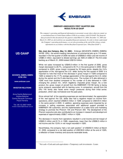 Thumbnail Embraer Quarterly Report 2006-q1