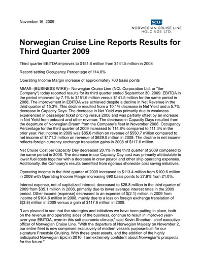 Miniature Norwegian Cruise Line
 Rapport trimestriel 2009-q3