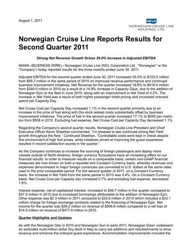 Miniature Norwegian Cruise Line
 Rapport trimestriel 2011-q2