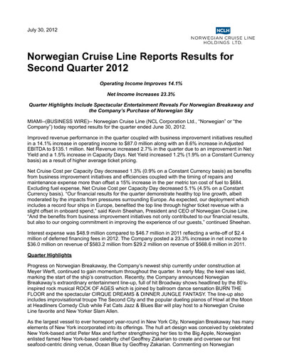 Miniature Norwegian Cruise Line
 Rapport trimestriel 2012-q2