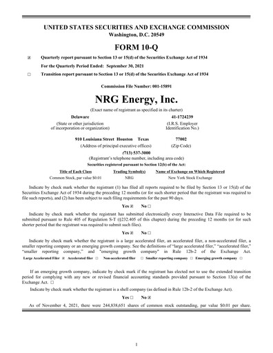 Thumbnail NRG Energy
 Quarterly Report 2021-q3