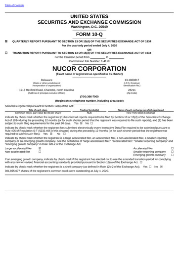 Thumbnail Nucor
 Quarterly Report 2020-q2