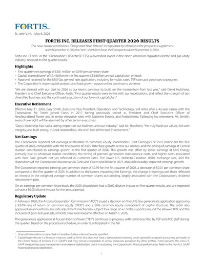 Thumbnail Fortis Quarterly Report 2026-q1