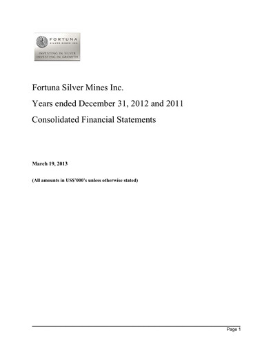 Thumbnail Fortuna Mining Financial Statement 2012