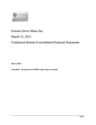 Thumbnail Fortuna Mining Quarterly Report 2012-q1