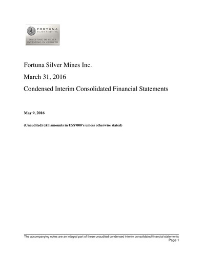 Thumbnail Fortuna Mining Quarterly Report 2016-q1