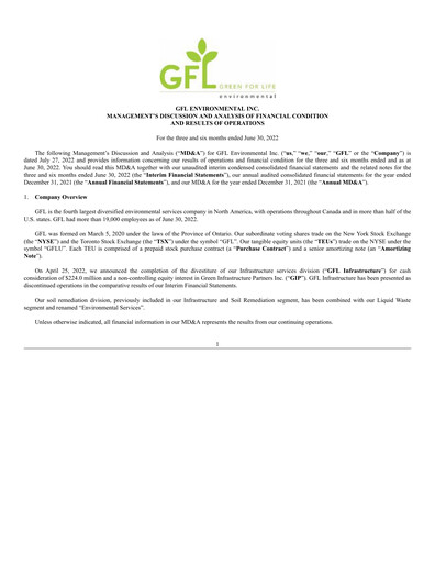 Thumbnail GFL Environmental
 Quarterly Report 2022-q2