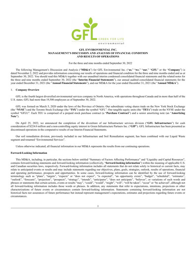 Thumbnail GFL Environmental
 Quarterly Report 2022-q3