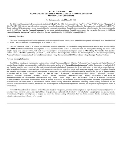 Thumbnail GFL Environmental
 Quarterly Report 2023-q1