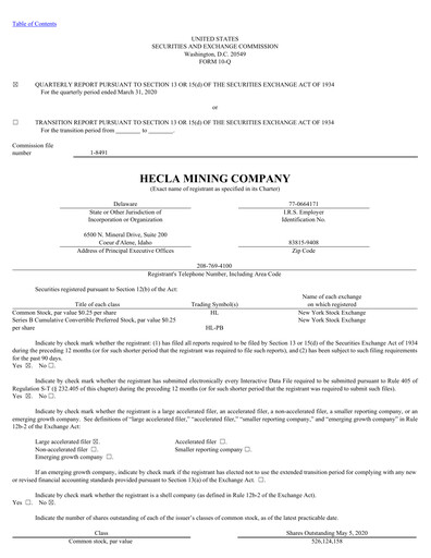 Thumbnail Hecla Mining
 Quarterly Report 2020-q1