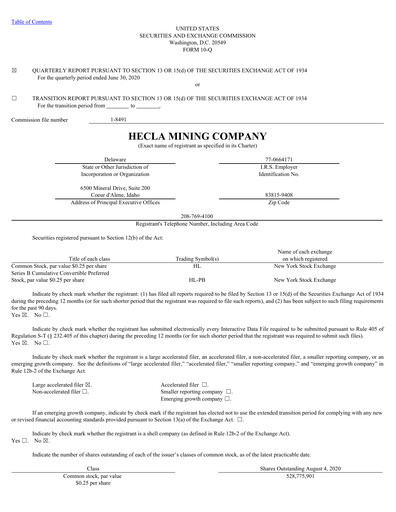 Thumbnail Hecla Mining
 Quarterly Report 2020-q2