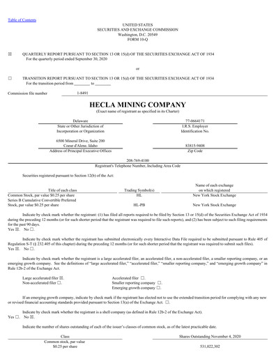 Thumbnail Hecla Mining
 Quarterly Report 2020-q3