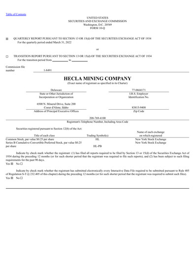 Thumbnail Hecla Mining
 Quarterly Report 2022-q1