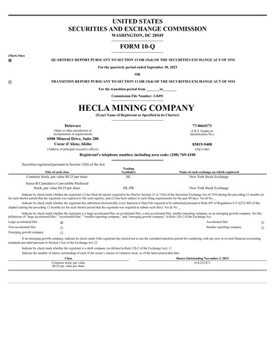 Thumbnail Hecla Mining
 Quarterly Report 2023-q3