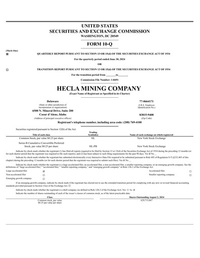 Thumbnail Hecla Mining
 Quarterly Report 2024-q2