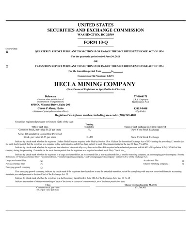 Thumbnail Hecla Mining
 Quarterly Report 2026-q2