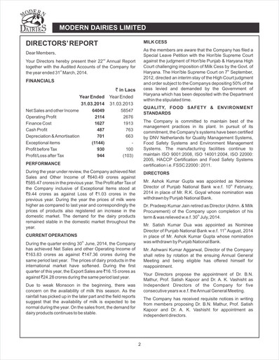 Thumbnail Modern Dairies Limited Annual Report 2013-2014