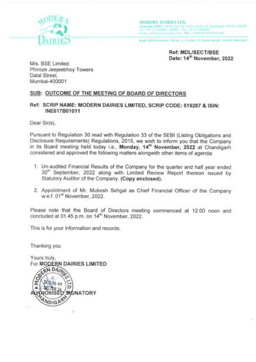 Thumbnail Modern Dairies Limited Quarterly Report 2022-q3