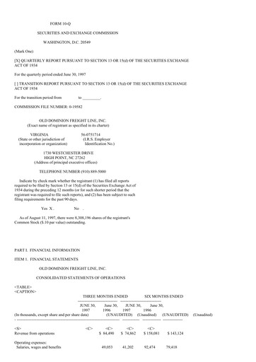 Thumbnail Old Dominion Freight Line
 Quarterly Report 1997-q2