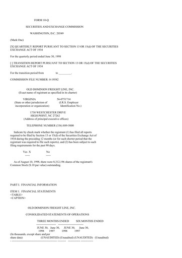 Thumbnail Old Dominion Freight Line
 Quarterly Report 1998-q2