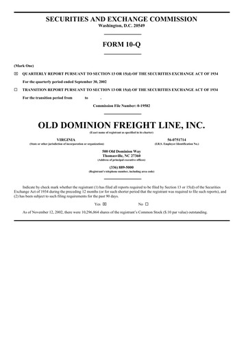 Thumbnail Old Dominion Freight Line
 Quarterly Report 2002-q3