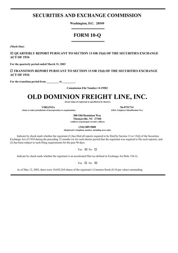 Thumbnail Old Dominion Freight Line
 Quarterly Report 2003-q1