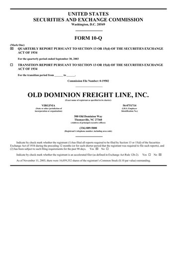 Thumbnail Old Dominion Freight Line
 Quarterly Report 2003-q3