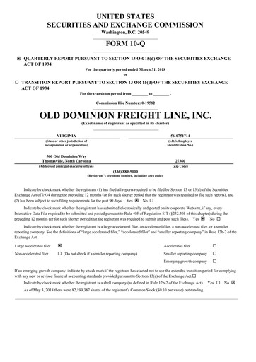 Thumbnail Old Dominion Freight Line
 Quarterly Report 2018-q1