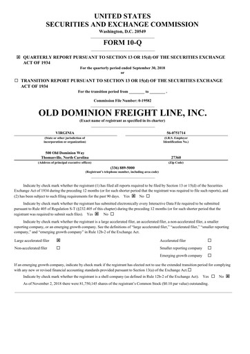 Thumbnail Old Dominion Freight Line
 Quarterly Report 2018-q3