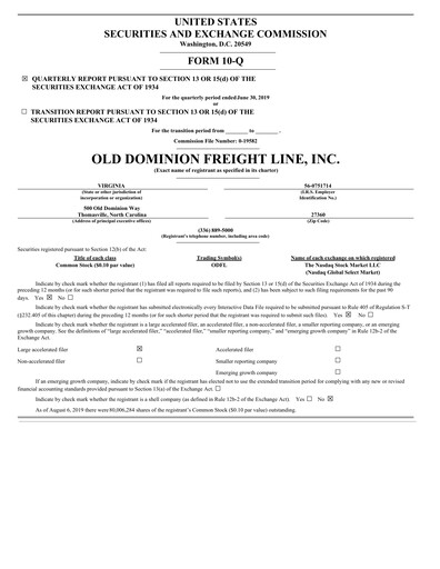 Thumbnail Old Dominion Freight Line
 Quarterly Report 2019-q2