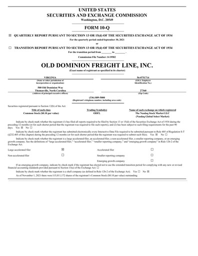 Thumbnail Old Dominion Freight Line
 Quarterly Report 2021-q3