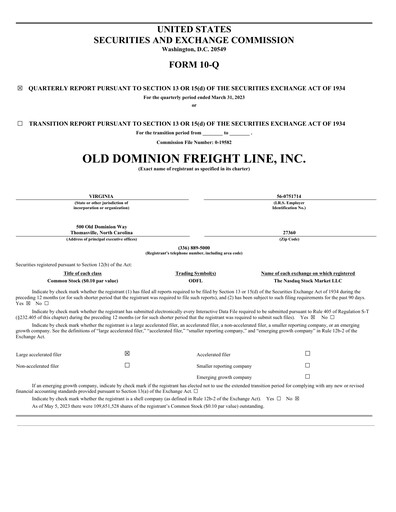 Thumbnail Old Dominion Freight Line
 Quarterly Report 2023-q1