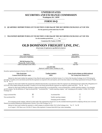 Thumbnail Old Dominion Freight Line
 Quarterly Report 2025-q2