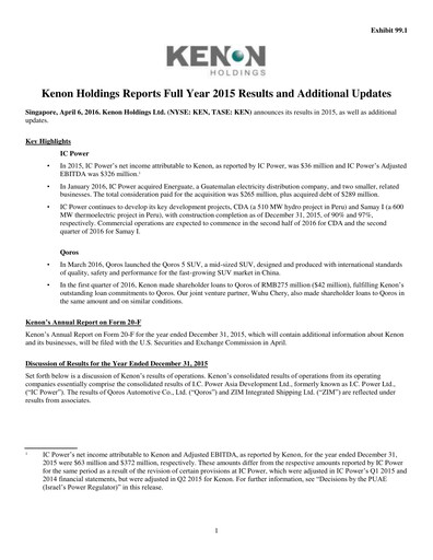 Thumbnail Kenon Holdings Financial Report 2015