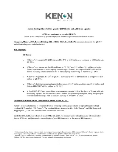 Thumbnail Kenon Holdings Quarterly Report 2017-q1