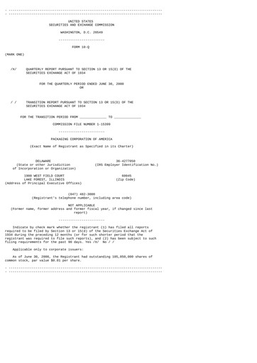 Thumbnail Packaging Corporation of America
 Quarterly Report 2000-q2