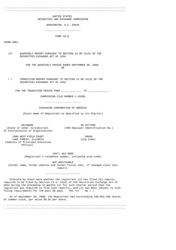 Thumbnail Packaging Corporation of America
 Quarterly Report 2000-q3