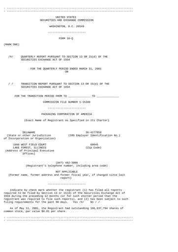 Thumbnail Packaging Corporation of America
 Quarterly Report 2001-q1