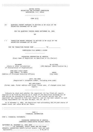 Thumbnail Packaging Corporation of America
 Quarterly Report 2001-q3