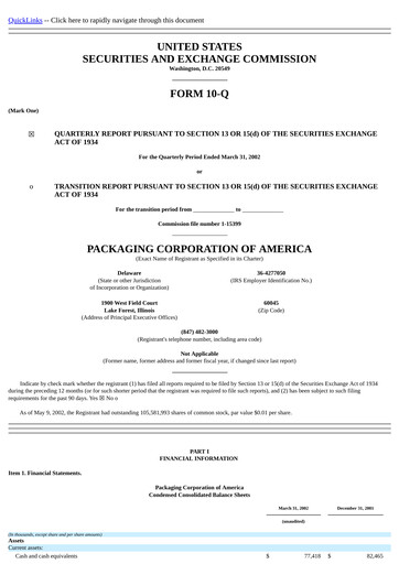 Thumbnail Packaging Corporation of America
 Quarterly Report 2002-q1