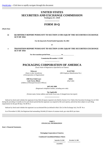Thumbnail Packaging Corporation of America
 Quarterly Report 2002-q3